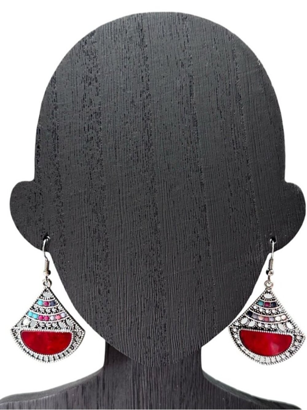 Boho Style Red Silver Statement Dangle Earrings With Multicolor Accents NWOT